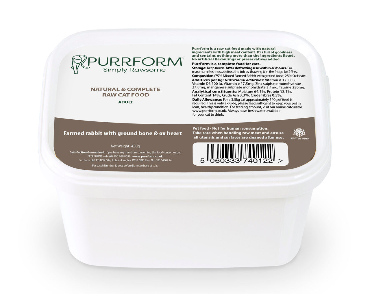 Purrform Raw Cat Food Tub | Farmed Rabbit with Ox Heart 450g