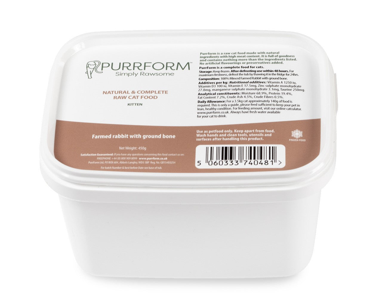 Purrform Raw Cat Food Tub | Farmed Rabbit with Ground Bone 450g