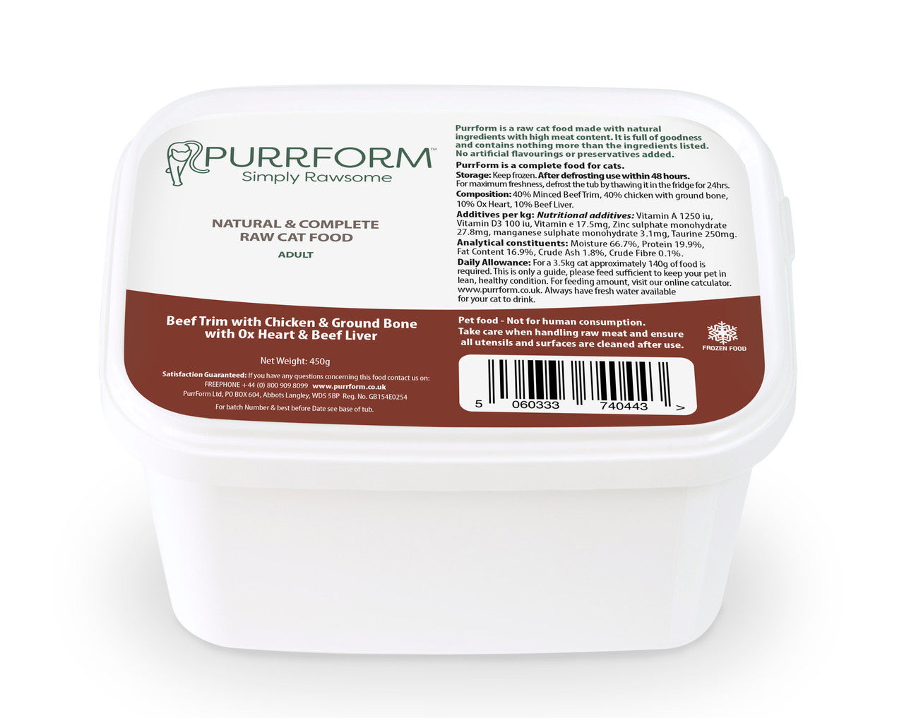 Purrform Raw Adult Cat Food | Beef Trim & Chicken with Ox Heart & Beef Liver 450g