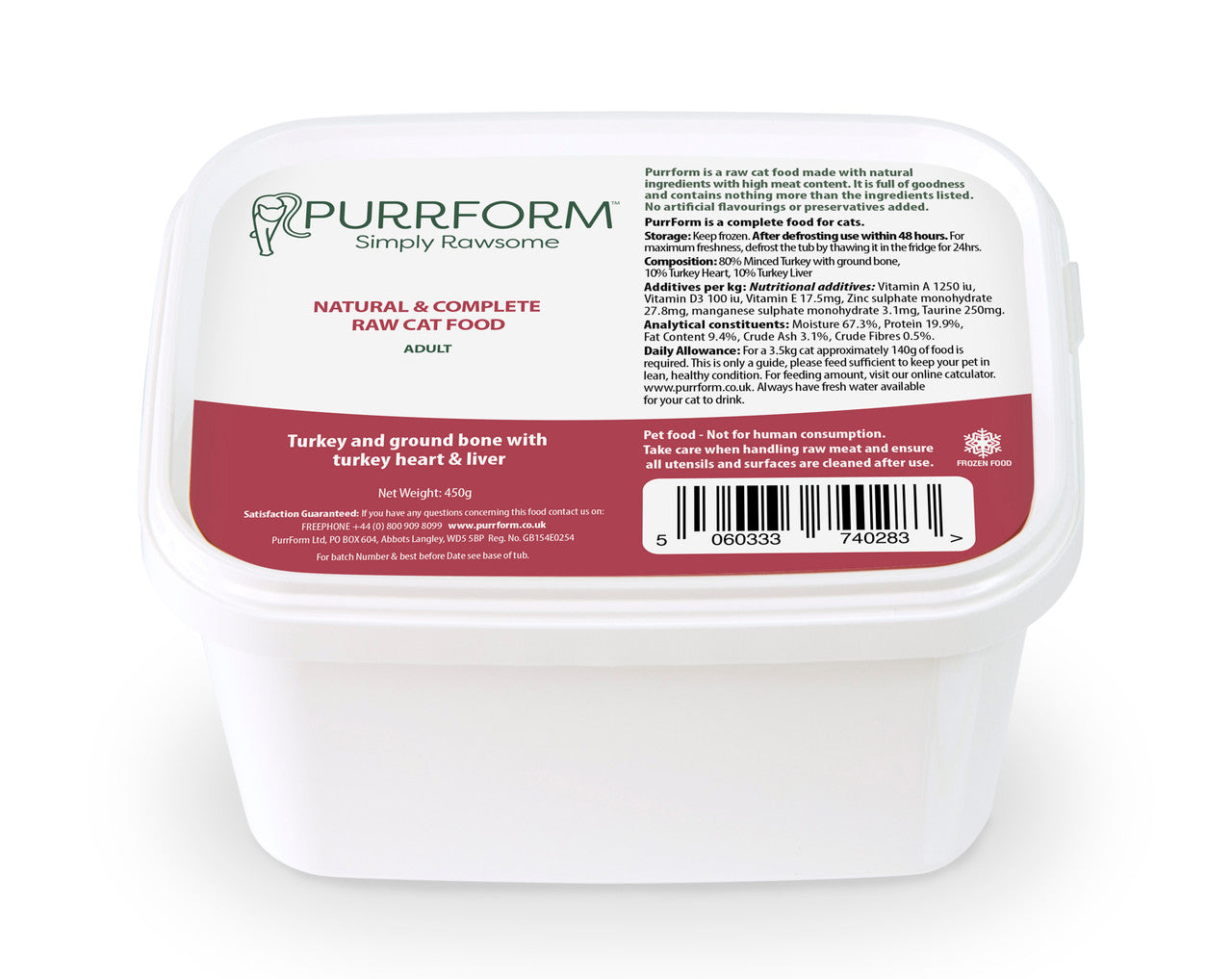 Purrform Raw Adult Cat Food | Turkey & Ground Bone with Turkey Heart & Liver 450g